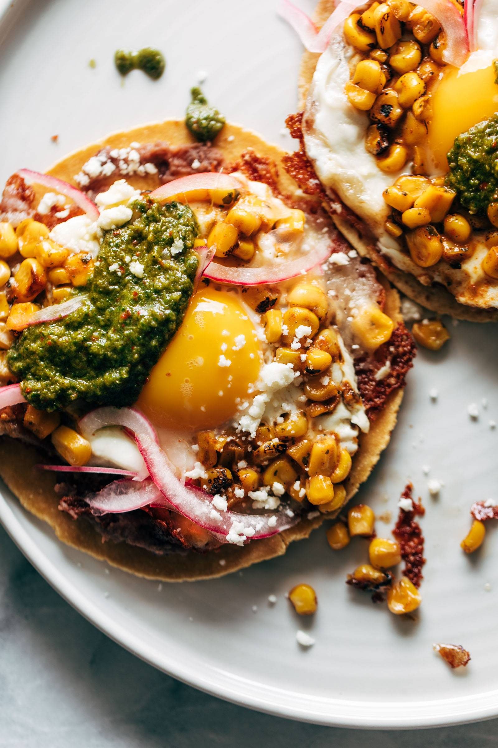 Roasted corn and fried egg tacos.