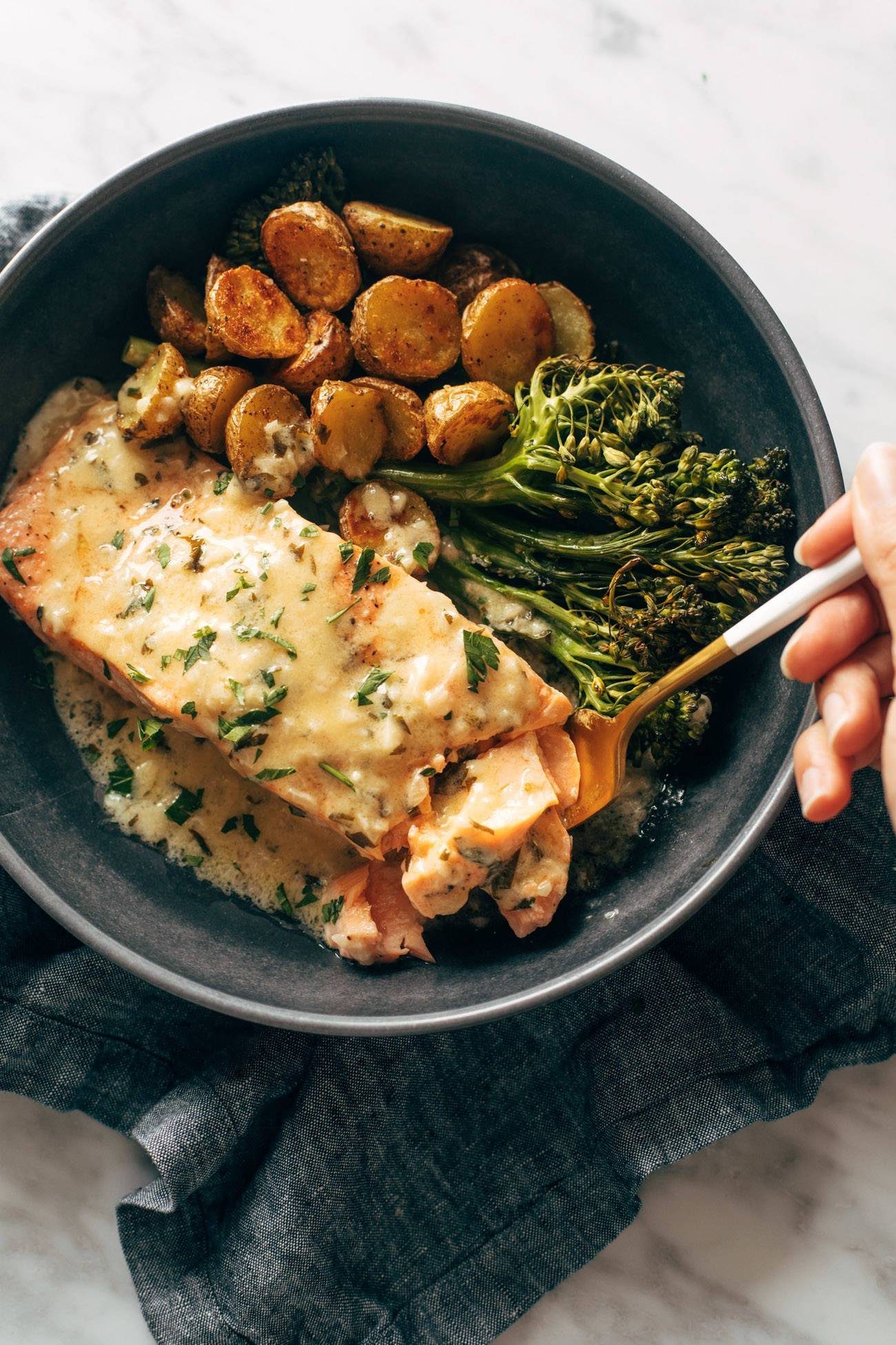 Lemon salmon with potatoes and broccoli.