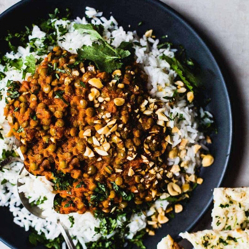 Red curry lentils with rice and naan.